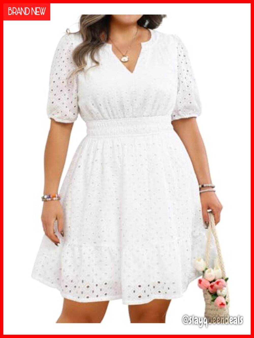 Plus Size Eyelet Lace A-Line Short Dress with V-Neck & Short Sleeves